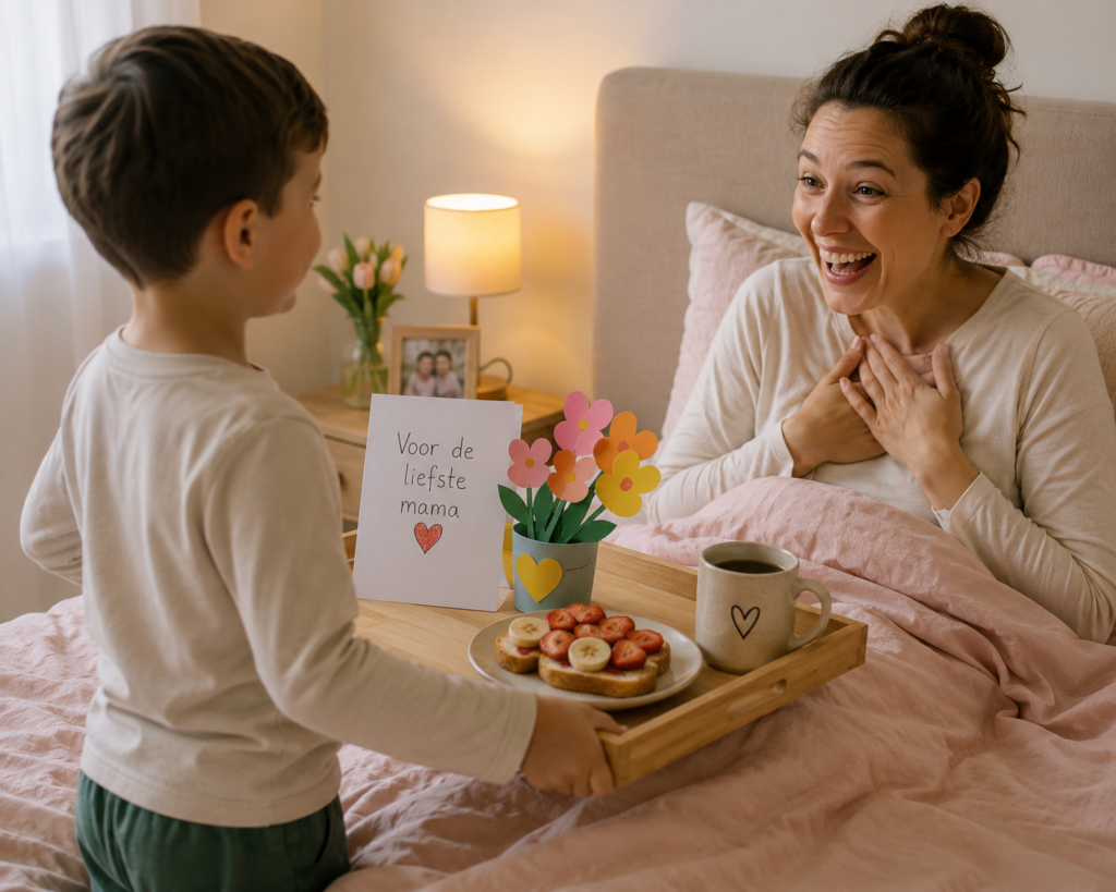 Kindje geeft ontbijt op bed aan moeder tijdens een gezellige Moederdag activiteit